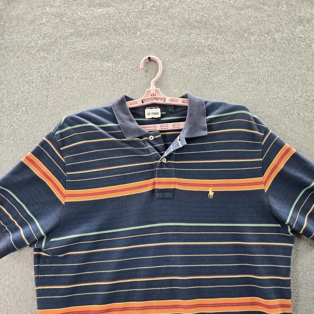 VINTAGE Polo By Ralph Lauren Men Polo L Navy Striped Short‎ Sleeve